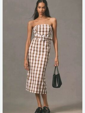 Maeve Strapless Gingham Midi Dress with Belt in Brown and White